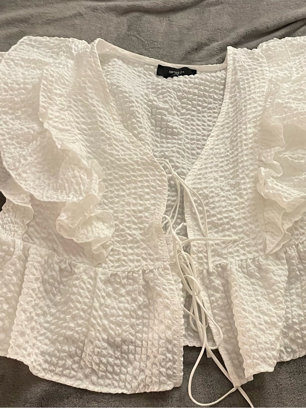 Forever 21 White Ruffle Tie-Front Peplum Blouse